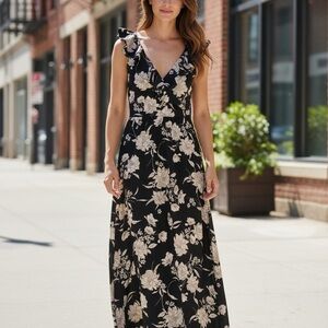 Aqua Black and Cream Floral Maxi Dress
